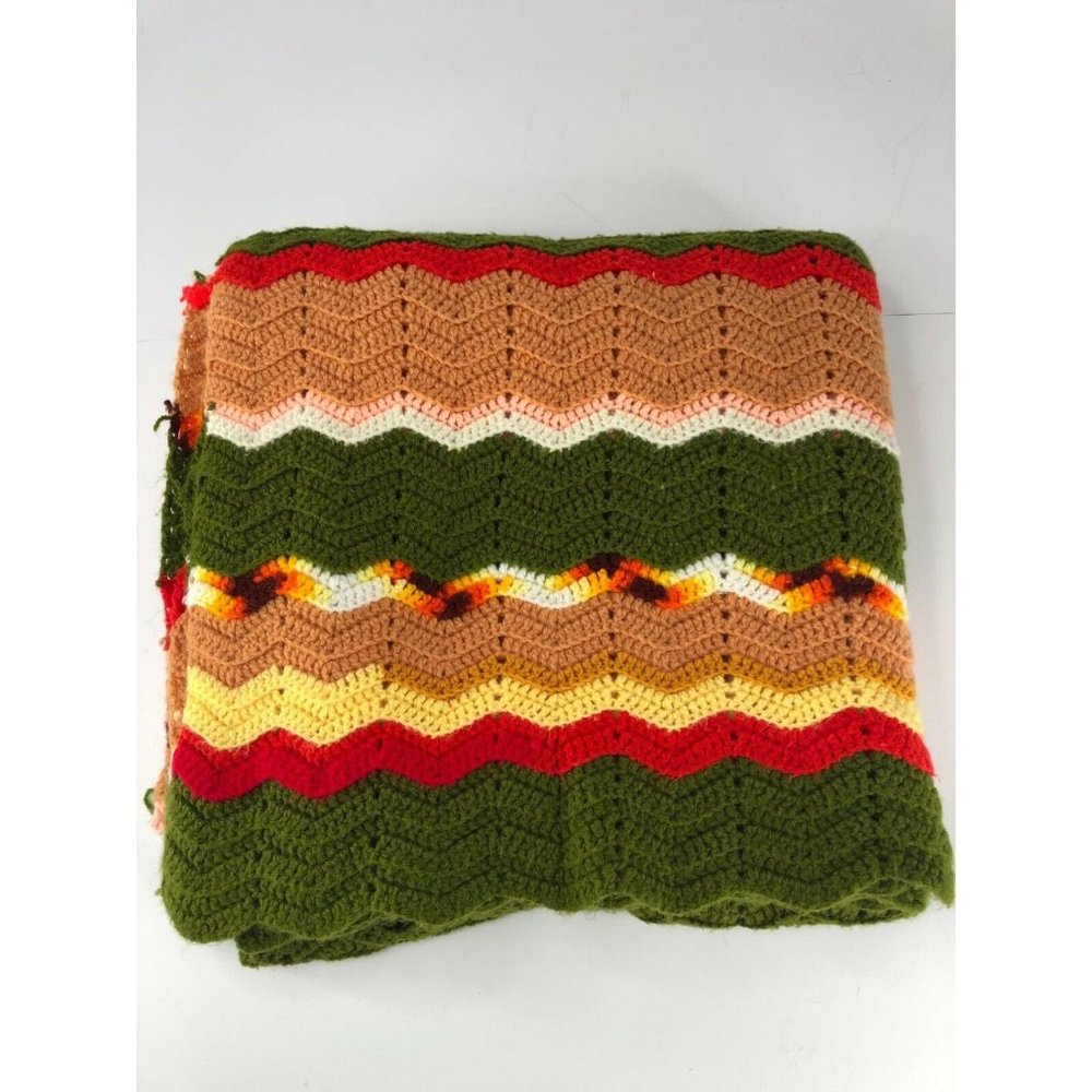 Vintage Crochet Knit Blanket Afghan Throw Chevron
